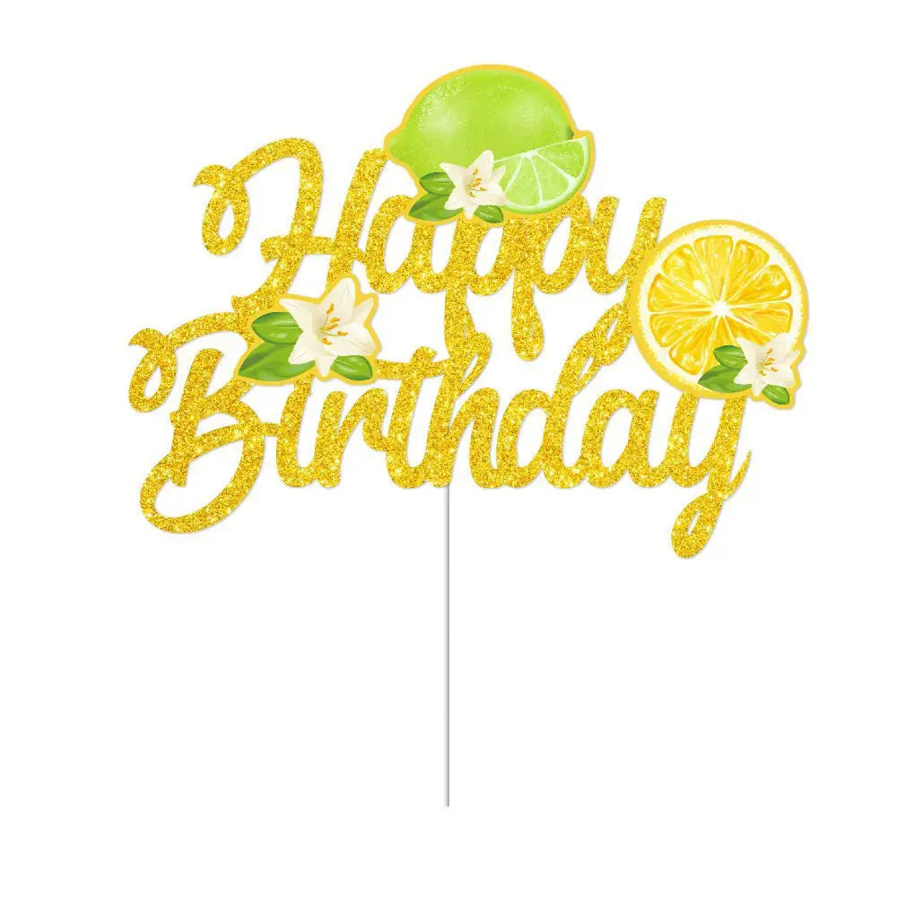 Décorations de gâteau Happy Birthday thème citron avec topper doré