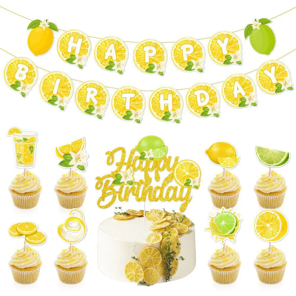 Set de Décoration Anniversaire Thème Citron – Drapeaux et Inserts pour Gâteaux