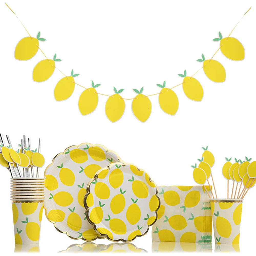 Set de Vaisselle Jetable Thème Citron – Décoration de Fête pour Mariages, Anniversaires et Pool Party